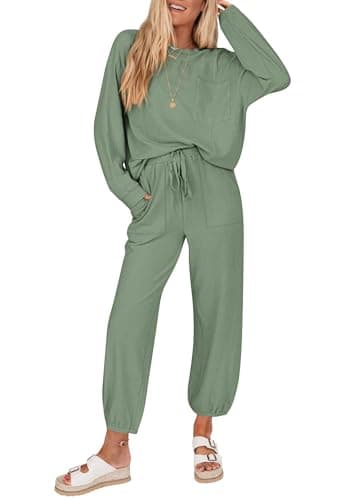 KIRUNDO Lounge Sets for Women 2026 Spring Airport Travel Outfits Ribbed Knit Tops Jogger Pants Tracksuit Postpartum Comfy Set(Bean Green, Medium) - Image 1