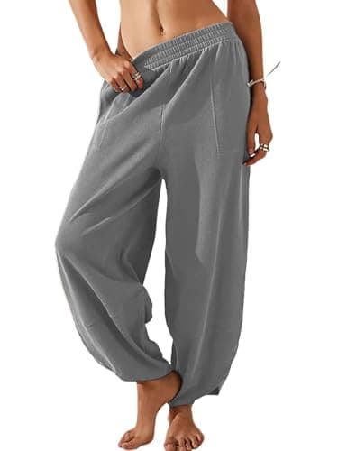 EGUGYDW Womens Baggy Wide Leg Pants Elastic High Waisted Palazzo Harem Trousers with Pockets Grey XXL - Image 1