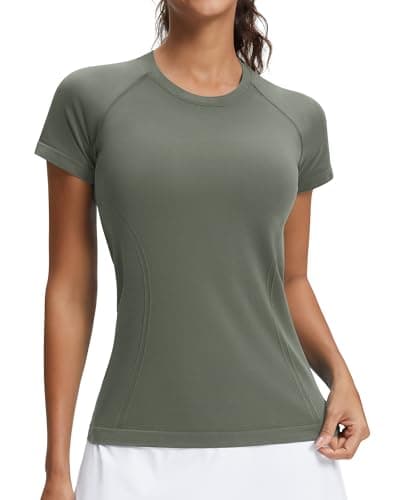 Stelle Women Seamless Workout Shirts Short Sleeve Athletic Top Yoga Gym Running T-Shirts(Sage Green,M) - Image 1