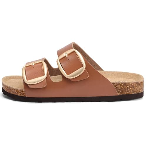 KIDMI Women's Cork Footbed Slide Sandals Comfortable Arch Support Outdoor Sandal with Big Adjustable Buckle for Summer Brown Size 6.5-7 (37) - Thumbnail 5