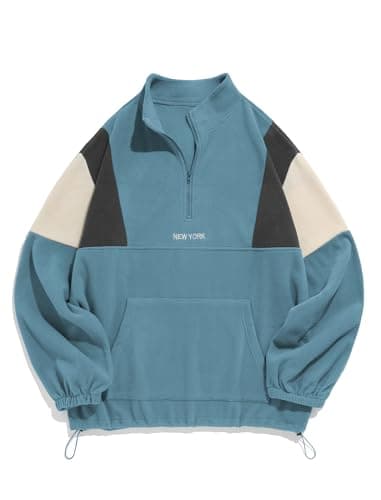 ZAFUL Men's Fluffy Polar Fleece Sweatshirt NEW YORK Embroidery Half Zip Unisex Hoodie Light blue L - Image 1