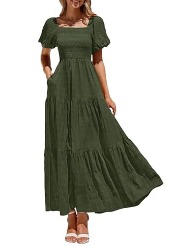 PRETTYGARDEN Womens Summer Puff Short Sleeve Maxi Dress Square Neck Smocked Tiered Ruffle A Line Long Flowy Beach Dresses (Army Green,Medium) - Image 1
