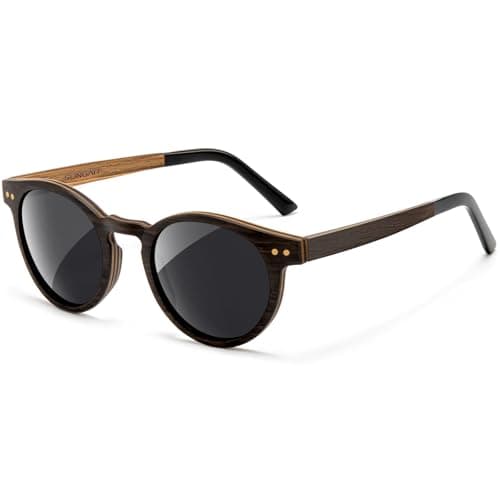 SUNGAIT Round Wood Polarized Sunglasses Women Men Vintage Retro Oak Walnut Rosewood Wooden Shades UV Protection (Oak Zebra Wood/Grey Lens) - Image 1