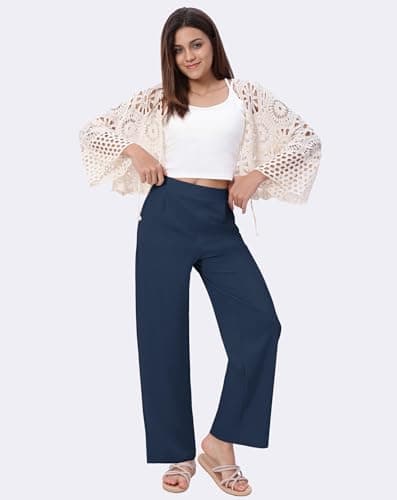 SEMARO Womens Summer Wide Leg Flowy Palazzo Pants High Waist Loose Beach Trousers Business Casual Dress Pants with Pockets Navy - Thumbnail 3