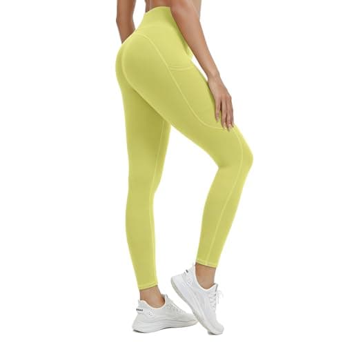 AMLEER High Waisted Full Length Leggings with Pockets for Women, Tummy Control 4-Way Stretch Moisture Wicking Yoga Workout Leggings, Neon, X-Large - Image 1