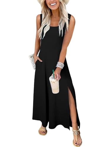 Acelitt Summer Dresses for Women 2025 Casual Crew Neck Sleeveless Sundresses Beach Vacation Clothes with Pockets Black X-Large - Image 1
