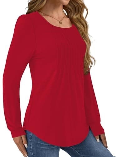 GKBK Women Long Sleeve Shirts Fall Tops Dressy Pleated Scooped Neck Tunic Tops for Leggings Red L - Thumbnail 3