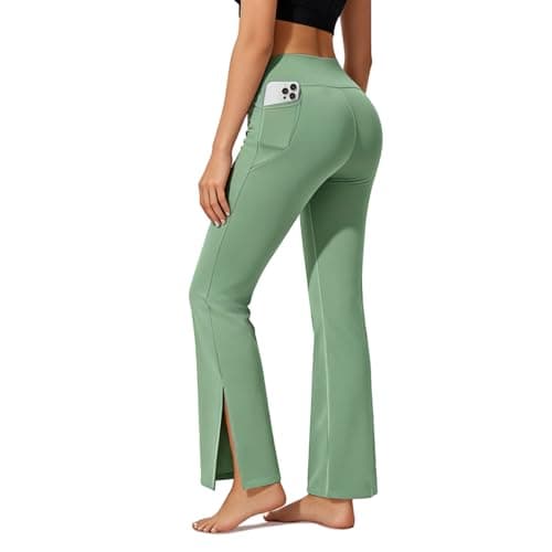 AMLEER Women's V Waist Side Split Wide Leg Yoga Leggings - High Waisted Crossover Stretchy Workout Flare Yoga Pants（Grass Green, Large - Thumbnail 3
