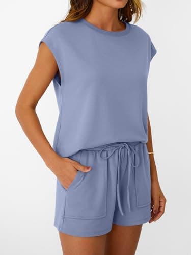 LILLUSORY Womens Lounge Two 2 piece Sets Summer Outfits 2026 Loungewear Matching Vacation Beach Travel Sweatsuits Sweat Tracksuits Pajamas Pjs Clothes Shorts Clothing Fashion Trendy Black Blue M - Thumbnail 3