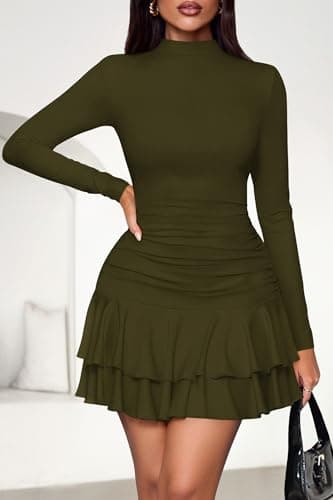 PRETTYGARDEN Womens Spring Long Sleeve Dresses 2026 Mock Neck Ruched Y2K Clothes Ruffle Layered Bodycon Mini Party Dress(Army Green,Small) - Thumbnail 2