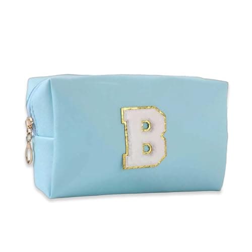 Makeup Bag Initial Preppy Patch Bag,Small PU Leather Travel Cosmetic Bag Pouch with Zipper, Blue Cute Toiletry Bag,Gift Ideal for Teen Girls Women Birthday Friend Mom, Latter B - Image 1