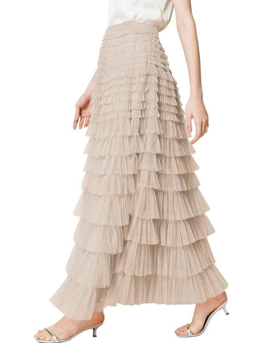 Women's Tulle Maxi Skirt High Waist Elastic Tiered Ruffle A-Line Flowy Party Wedding Guest Skirts Comfortable Daily Wear(Apricot-XL) - Image 1