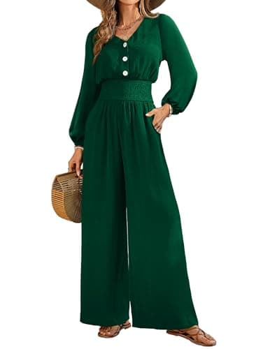 LOOKBOHO Womens Long Sleeve Jumpsuits Dressy Casual 2026 V Neck High Waist One Piece Outfits Wide Leg Romper Green X-Large - Image 1