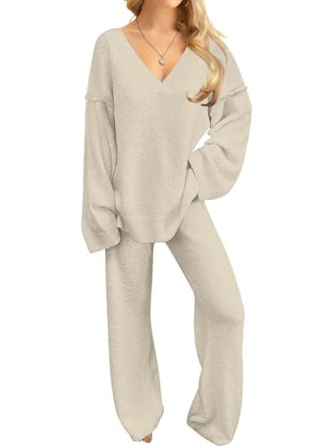 NORACORA Womens 2 Piece Fuzzy Fleece Pajamas Lounge Sets Long Sleeve V Neck Fluffy Pjs Matching Loungewear Light Khaki - Image 1