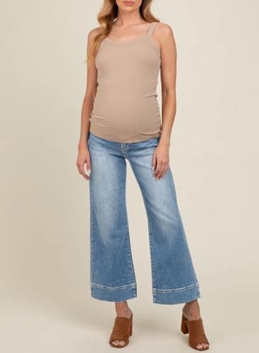 BLENCOT Women's Maternity Baggy Jeans Stretchy Wide Leg Jeans Side Panel Loose Pregnancy Denim Pants with Pockets Beau Blue L - Thumbnail 2
