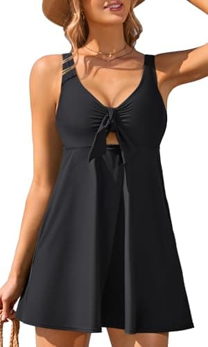 Charmo Womens Bathing Suits 2026 Tummy Control V Neck Tie Knot Swim Dress One Piece Swimsuits with Built-in Side Tie Black M - Image 1