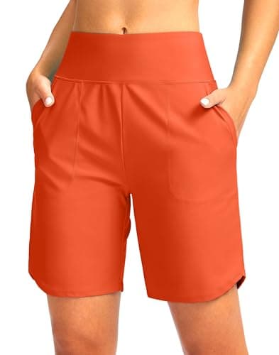 Viodia Women's 7" Swim Board Shorts High Waisted Modest Swimsuit Bathing Suit Beach Swimming Trunks for Women with Pockets Orange - Image 1
