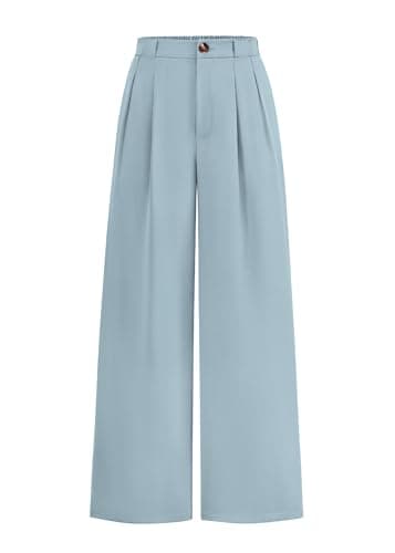 KIRUNDO Wide Leg Dress Pants for Women High Waisted Office Work Trousers Business Casual Slacks Button Flowy Palazzo Pant(Dusty Blue, Large) - Image 1