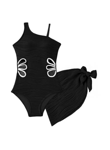 blibean Girls Swimsuit Size 6-7 Black Teen One Piece Bathing Suit with Cover Up Skirt Little Kids Adjustable Strap Swimwear Tween Cute Texture Traje Baño Niñas Padded Cut Out Swimming Suit - Image 1