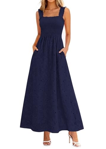 KIRUNDO Summer Lace Dress Vacation Outfits for Women 2026 Wedding Guest Dresses Maxi Beach Boho Sleeveless Cotton Sundress (Navy, Medium) - Image 1