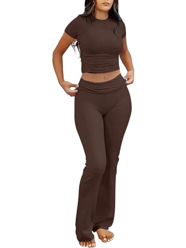 ANRABESS Lounge Sets for Women 2 Piece Foldover Yoga Flare Leggings Pants Crop Tops Casual Y2K Outfits Matching Tracksuit Set Brown Large - Image 1