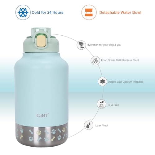 GiNT 37oz Insulated Stainless Steel Dog & Human Water Bottle | Leakproof Travel Dispenser with Detachable 10oz Bowl, 24H Cold/12H Hot, Carrying Case for Walking, Hiking,Camping & Outdoor Travel(Green) - Thumbnail 5