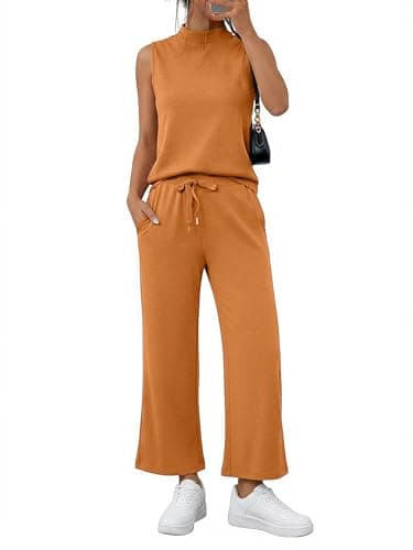 Casly Lamiit Womens Summer Outfits Matching Set Mock Neck Tank Top Crop Pants Tracksuit 2025 Trendy Lounge Clothes Dressy Work Travel Sweatsuit Orange L - Image 1