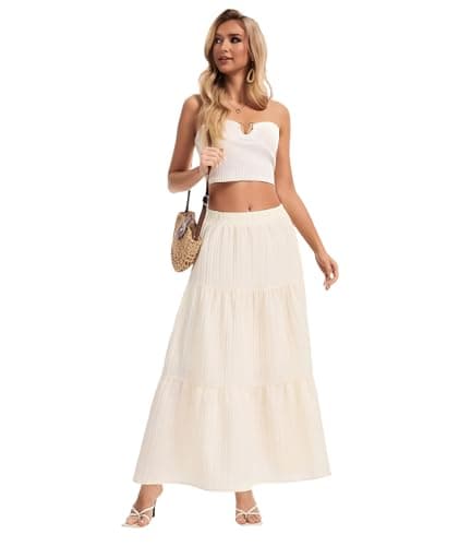 MFAVIP Womens Maxi Skirt Boho Long Flowy Skirts Trendy Summer 2026 Tiered Ruffle Skirt A Line Casual Beach Vacation Dress Beige - Thumbnail 4