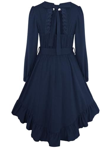 Girls Dresses Size 10-12 Tween Fall Long Sleeve Lace Backless Pocket Tiered Ruffle High Low Maxi Kids Semi Formal Dress with Belt Navy Blue - Image 1