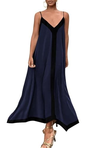PRETTYGARDEN Womens Maxi Dress 2026 Summer Sundress V Neck Spaghetti Strap Flowy Elegant Party Dresses Beach Vacation Clothes (Navy,Small) - Image 1