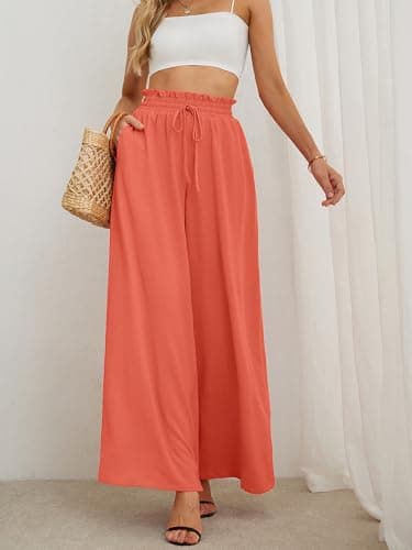 Heymoments Women's Wide Leg Dress Pants with Pockets Coral Medium Lightweight Elastic High Waisted Adjustable Tie Knot Flowy Loose Slacks Lounge Casual Ladies Beach Pleated Trousers - Thumbnail 2