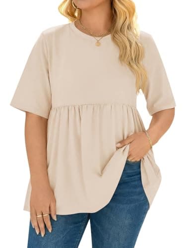 Beautife Womens Plus Size Summer Babydoll Tops Short Sleeve Crew Neck T Shirts Peplum Casual Loose Fit Blouse Khaki - Image 1