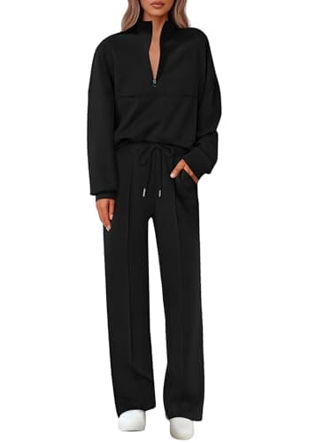 Lazysmile 2 Piece Sets For Women Lapel Half Zip Sweatshirt and Wide Leg Long Pants Sweatsuit Lounge Sets Workout Sets - Image 1