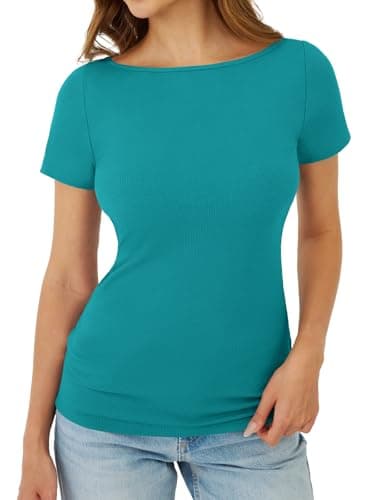 GKBK Boat Neck Tops for Women Ribbed Short Sleeve T-Shirts Slim Fitted Tight Compression Top Soft Y2K Basic Casual Going Out Tops for Spring Summer 2026 Trendy Fashion Outfits Cyan - Thumbnail 2