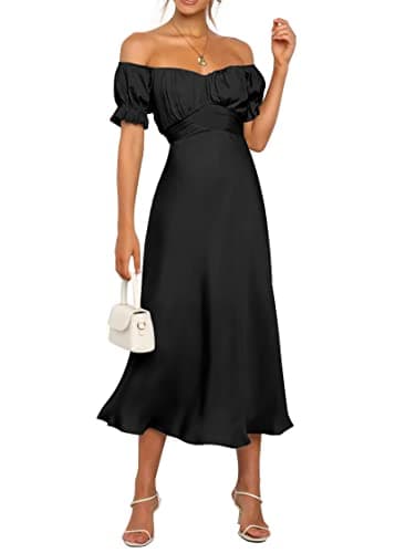 KIRUNDO Women's 2026 Spring Summer Satin Wedding Guest Midi Dress Off The Shoulder Wrap Party Cocktail Formal Prom Dresses(Black, Large) - Image 1