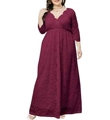 Eternatastic Womens Maxi Dress Evening Party 2/3 Sleeves Lace Long Dress XL Deep Red - Image 1