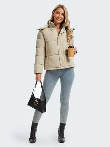 Funlingo Womens Cropped Puffer Jacket with Hood Winter Warm Zip Up Ladies Quilted Coat Fashion 2025 Puffy Outerwear with Pockets Khaki XL - Thumbnail 3
