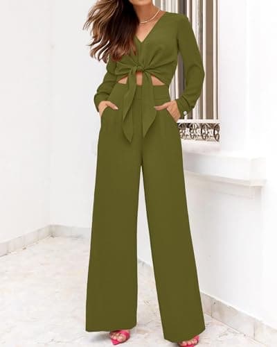 PRETTYGARDEN Women's 2 Piece Outfits 2026 Spring Fashion V Neck Long Sleeve Strappy Crop Top Wide Leg Pant Lounge Sets(Olive Green,Large) - Thumbnail 6