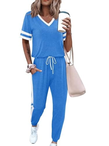 Magritta 2 Piece Outfits for Women 2026 Summer Casual Blue Lounge Jogger Sets Petite White Stripes Sleeve Top and Long Pants with Pockets S - Thumbnail 3