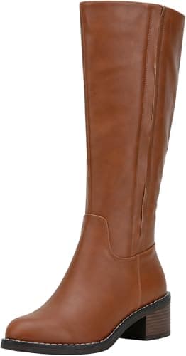 Jeossy Women's 9661 Knee High Tall Boot, Brown Riding Chunky Low Heel Round Toe Botas, Faux Leather Dress Boot with Inner Zipper and Side Hidden Elastic Band (DJY9661 Brown 07) - Image 1
