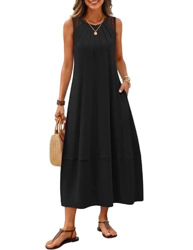 MEROKEETY Women's Summer Boho Maxi Dress 2026 Pleated Lace Hollow Out Beach Vacation Sundresses Sleeveless Tank Dress, Black, Small - Image 1
