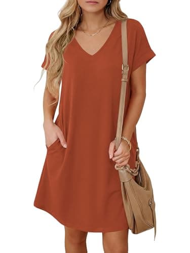 BTFBM Womens Summer Dresses 2026 Pockets Short Sleeve Loose Nightgowns Pajama Beach Vacation Casual Spring T Shirt Dress(Brick Red, Medium) - Image 1