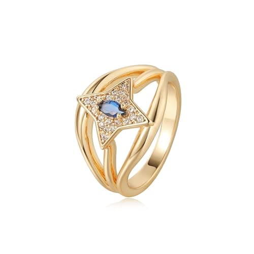 Valloey Rover Gold Rings for Women 14K Gold Plated Dainty Engagement Chunky Rings Fake Wedding Bands Ring for Women Simple Blue CZ Star Cute Rings Gold Jewelry Trendy Size 6 - Image 1