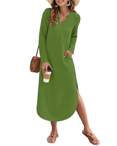 MISFAY Fall Maxi Dresses for Women 2026 Casual V Neck Long Sleeve Split Dress Loose Shirt Dress Solid Outfits with Pockets(Army Green,S) - Image 1
