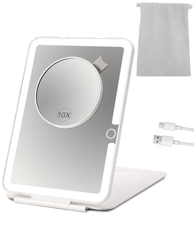 LUKYMIRO Rechargeable Travel Makeup Mirror with Lights and10x Magnification, 70 LEDs 3 Color Lights, Foldable Beauty Mirror, Portable Lighted Mirror Offwhite with Carrying Case - Image 1