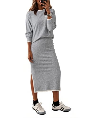 Dokotoo 2 Piece Sets for Women Sweater Dress Knit Travel Outfits 2 Pieces Set Womens Winter Dresses Women's Skirts Set Fashion Grey Sweater Dreses for Women 2025 Large - Image 1