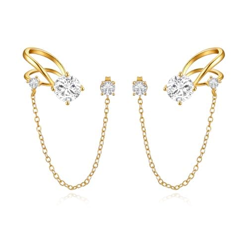 Cicy Bell Womens 18k Gold Plated Ear Cuff Stud Earrings Dainty Tassel Drop Dangle Clip On Gold Chain Climber Crawler Faux Diamond Round Cubic Zirconia Earrings Jewelry Gifts Birthday Party - Image 1