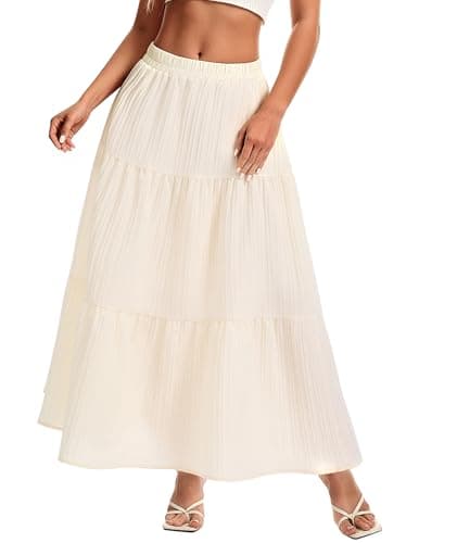 MFAVIP Womens Maxi Skirt Boho Long Flowy Skirts Trendy Summer 2026 Tiered Ruffle Skirt A Line Casual Beach Vacation Dress Beige - Image 1