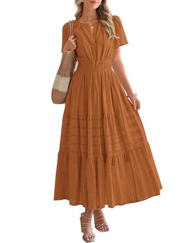BTFBM Womens Summer 2026 Casual Midi Maxi Dresses Lightweight Short Sleeve V Neck Elastic Waist Boho Beach Dress Pockets(Brown Orange, XX-Large) - Image 1