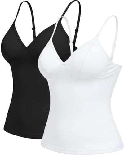 Women's Slim Fit V-Neck Light Tummy Control Camisole Adjustable Spaghetti Strap Built-in Bra Soft Stretch Tank Top - Image 1